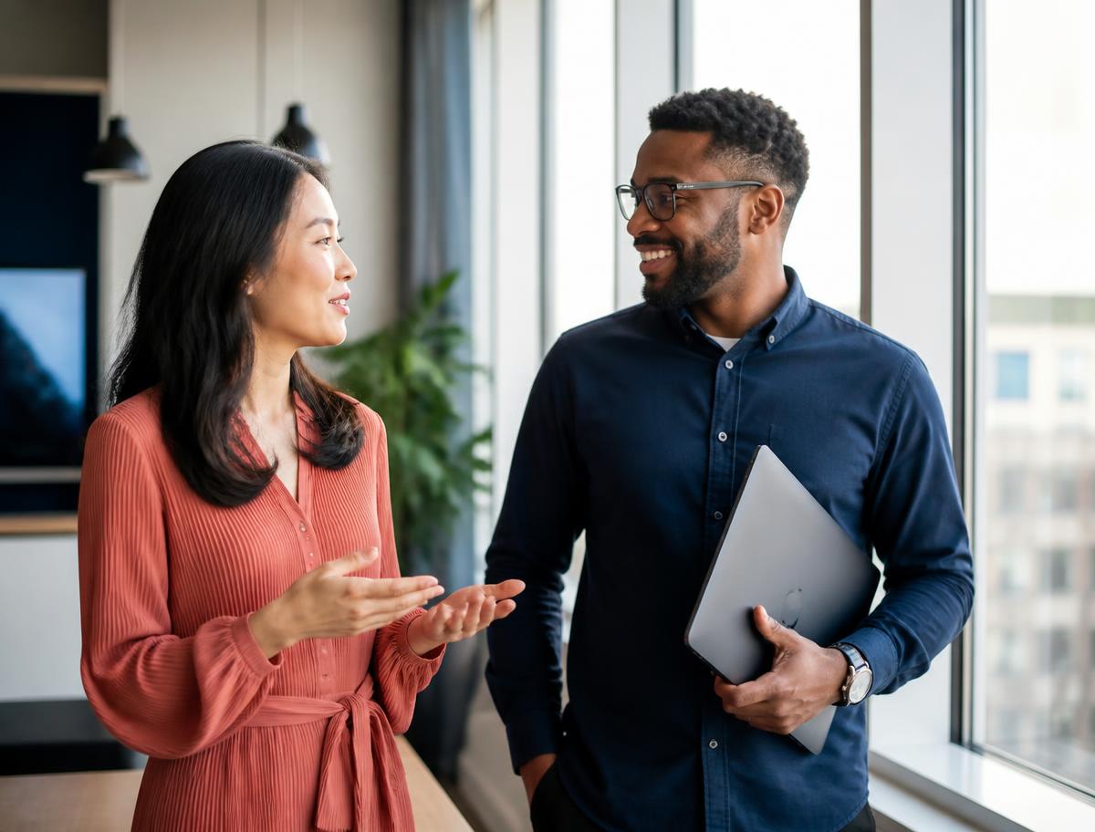 Deux professionnels discutant dans un espace de travail moderne